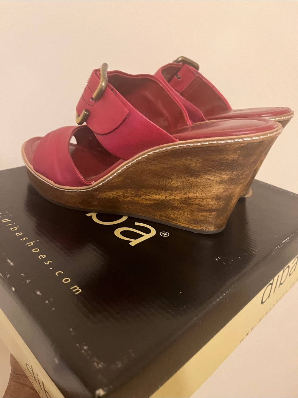 Diba Red Buckle Wedge Slides
